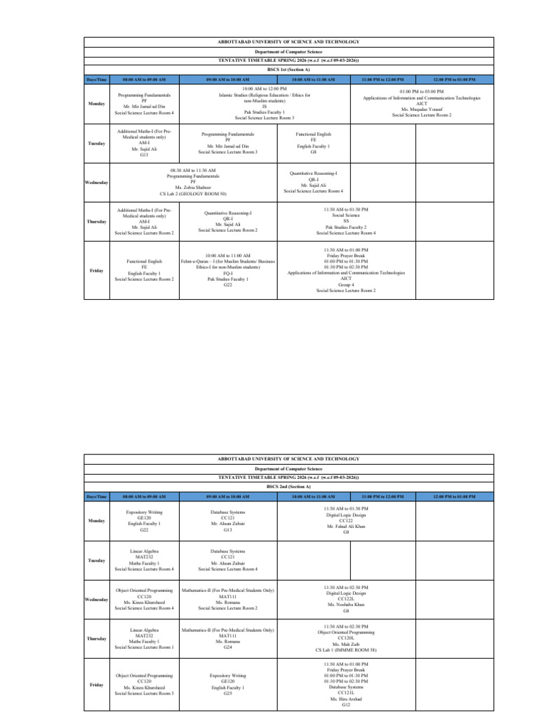 BSCS Tentative Timetable Spring 2026 | PDF | Computing
