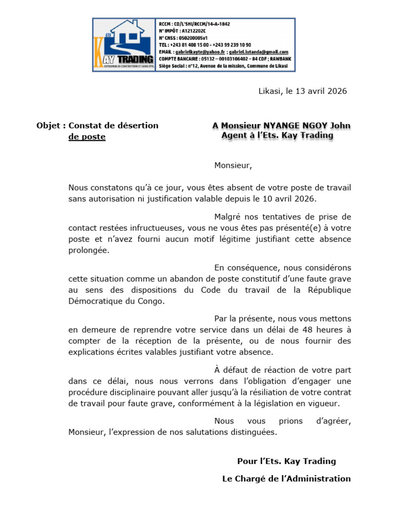 Lettres Desertion Licenciement RDC | PDF | Justice | Crime et violence