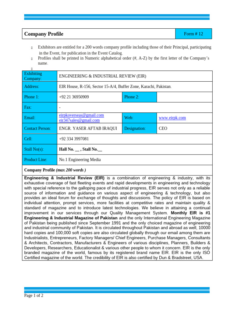 ENGINEERING & INDUSTRIAL REVIEW Form 12 - Company Profile | PDF