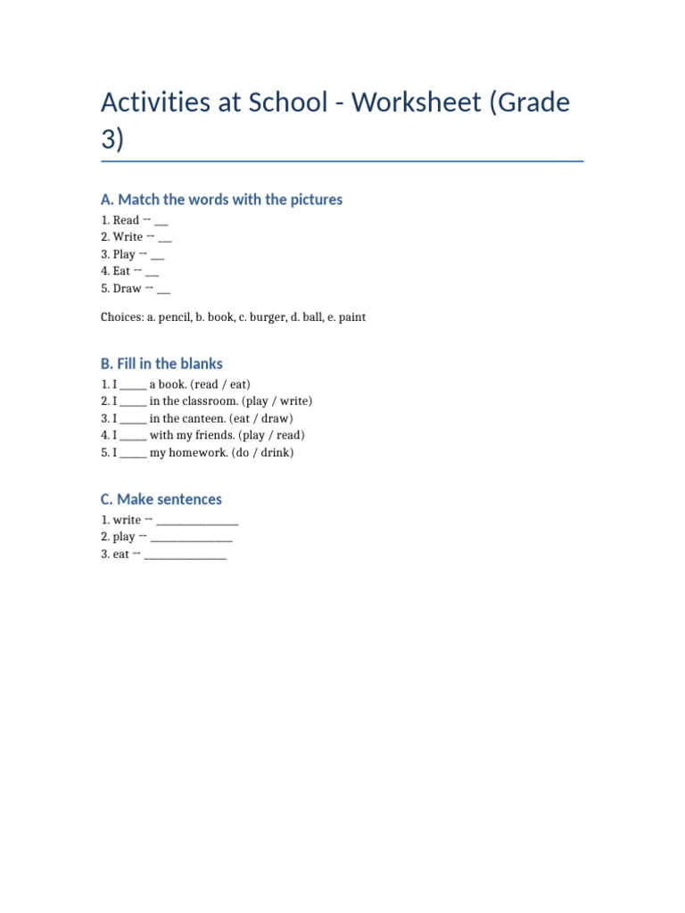 Activities School Worksheet | PDF