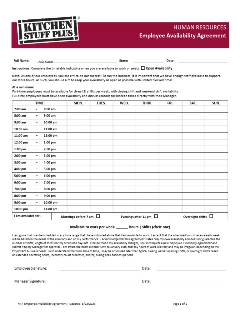 Employee+Availability+Agreement | PDF
