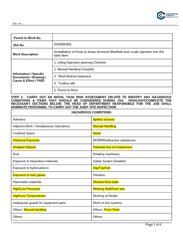 JSA for Hose Connection | PDF | Occupational Safety And Health | Safety