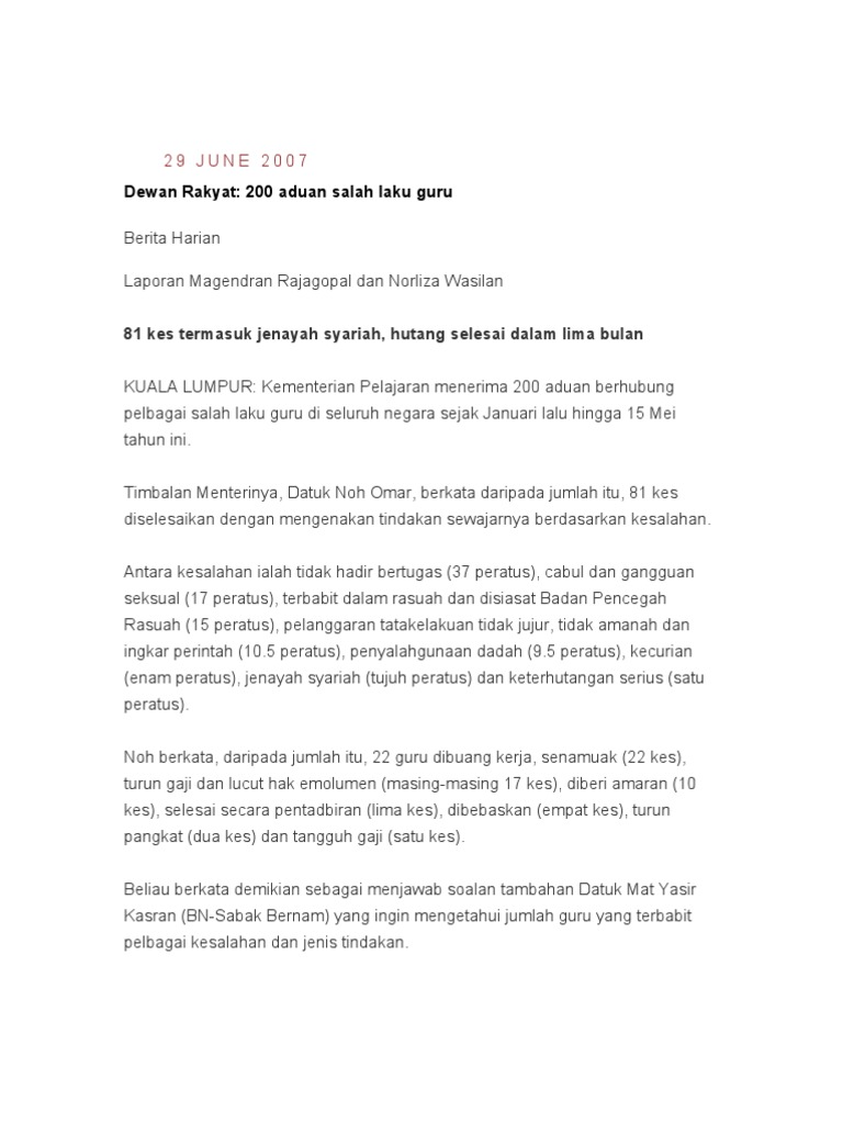 Contoh Surat Aduan Penyelewengan Wang