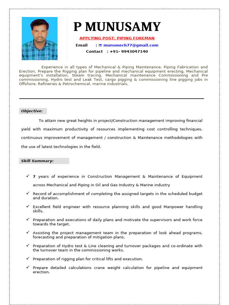MUNUS RESUME - PIPING FOREMAN | PDF | Pipe (Fluid Conveyance) | Oil ...