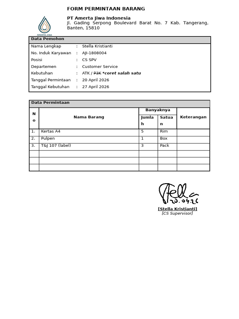 020. Form Permintaan Barang | PDF