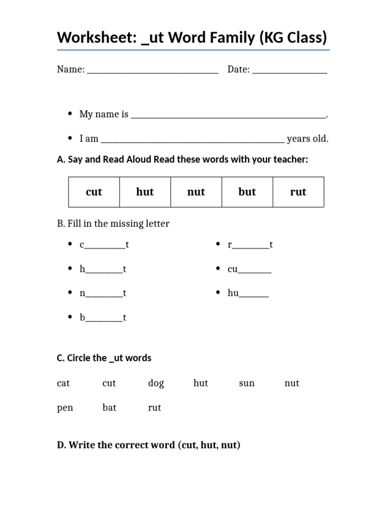 Ut Word Family Worksheet | PDF