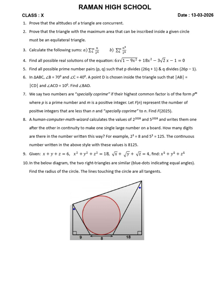 Raman School - Surprise Math Test for 9th Spark (2) | PDF