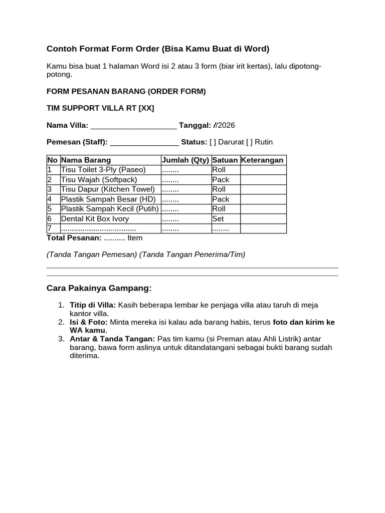 Contoh Format Form Order | PDF