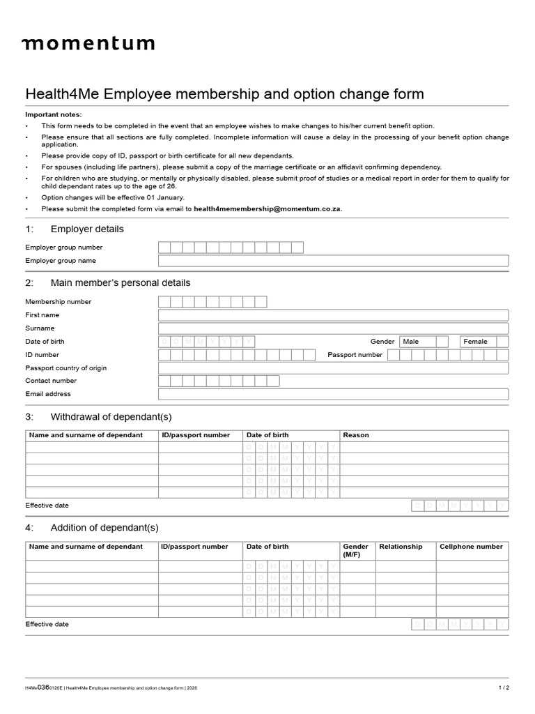 Health4Me Employee membership changes form fillable 2026 (1) | PDF