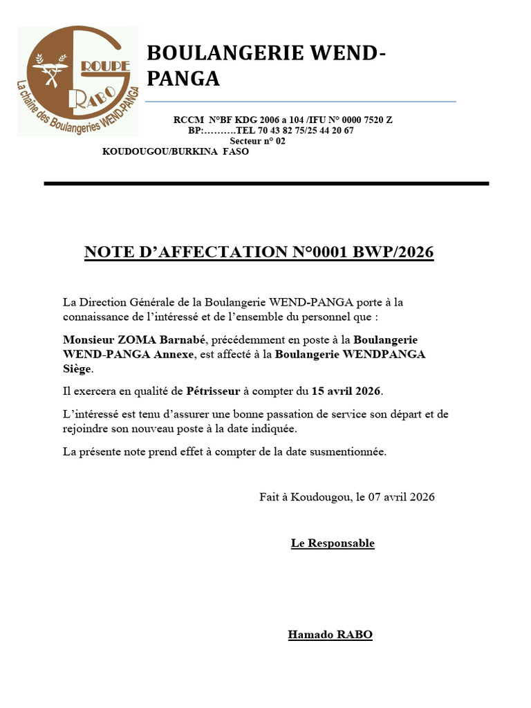 Note D'affectation Zoma Barnabe | PDF