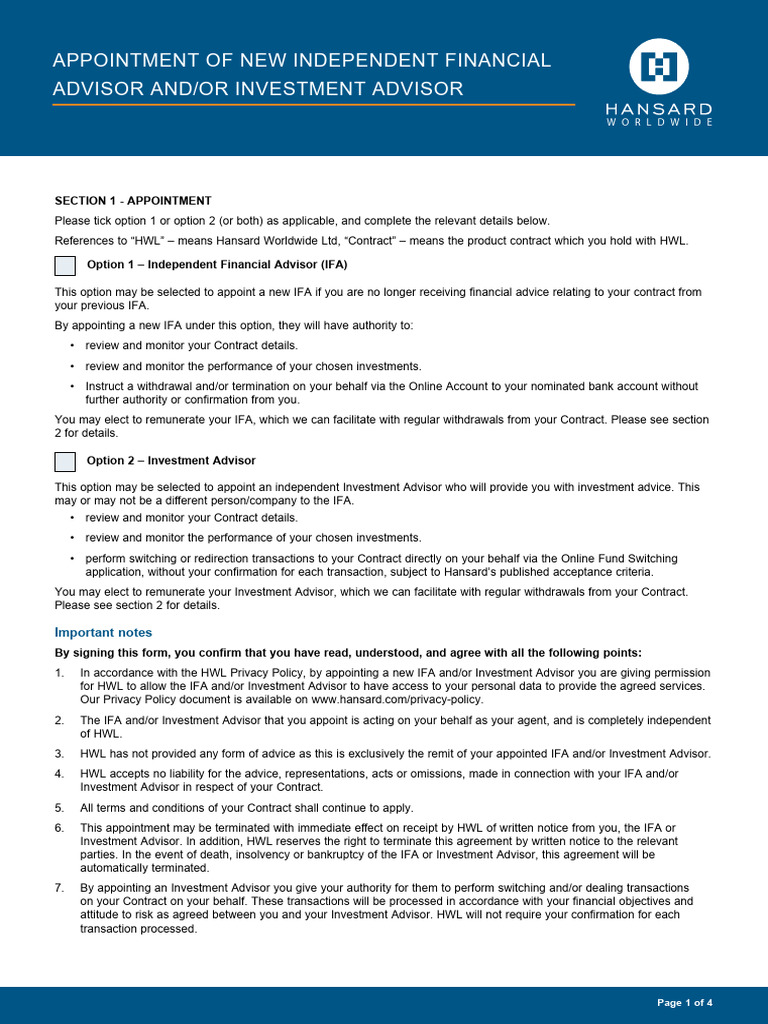 HWL25 Appointment of IFA | PDF | Financial Adviser | Taxes