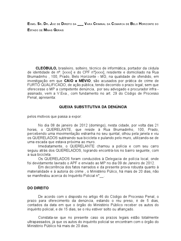 Modelo de Queixa Substitutiva Da Denuncia  Procedimento criminal