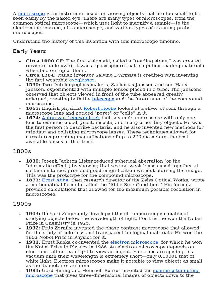 Microscope Timeline | PDF | Microscope | Scientific Techniques