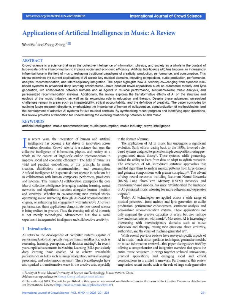 Applications of Artificial Intelligence in Music_ A Review | PDF ...