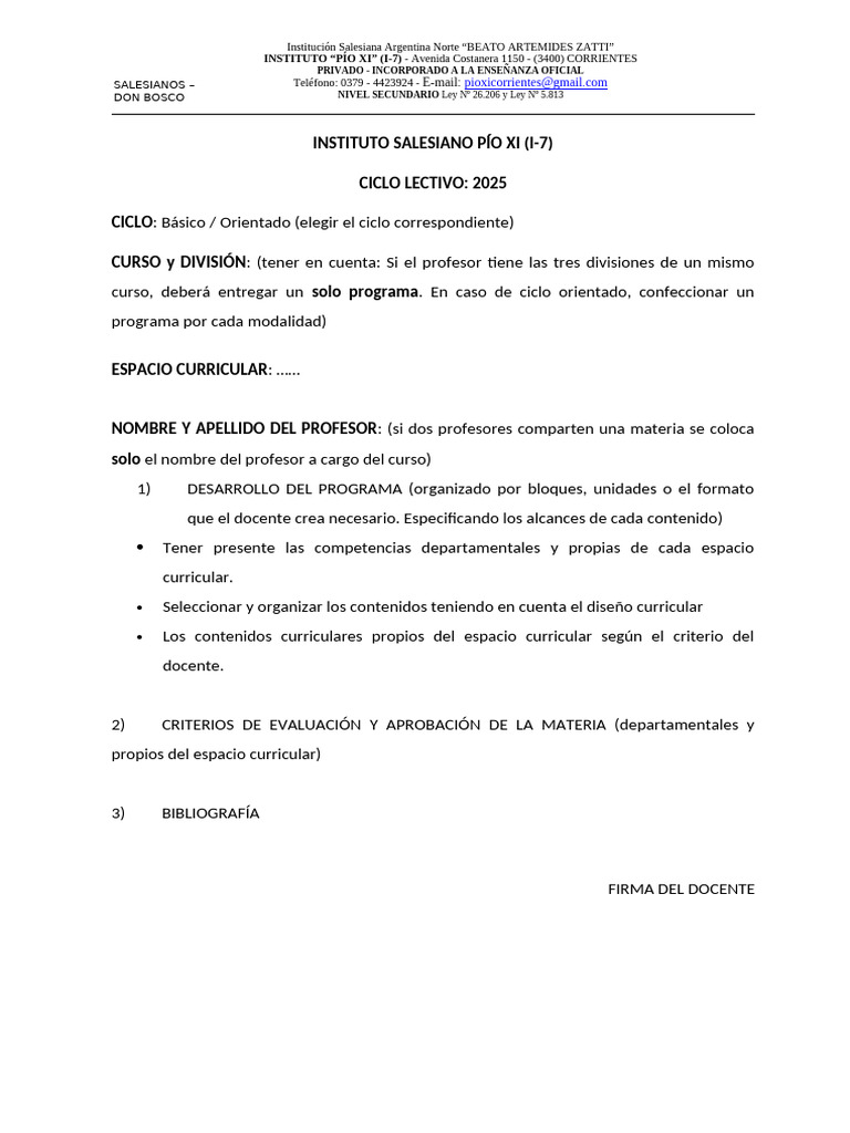 Modelo de Programa Pio XI - 2025 | PDF | Enseñando