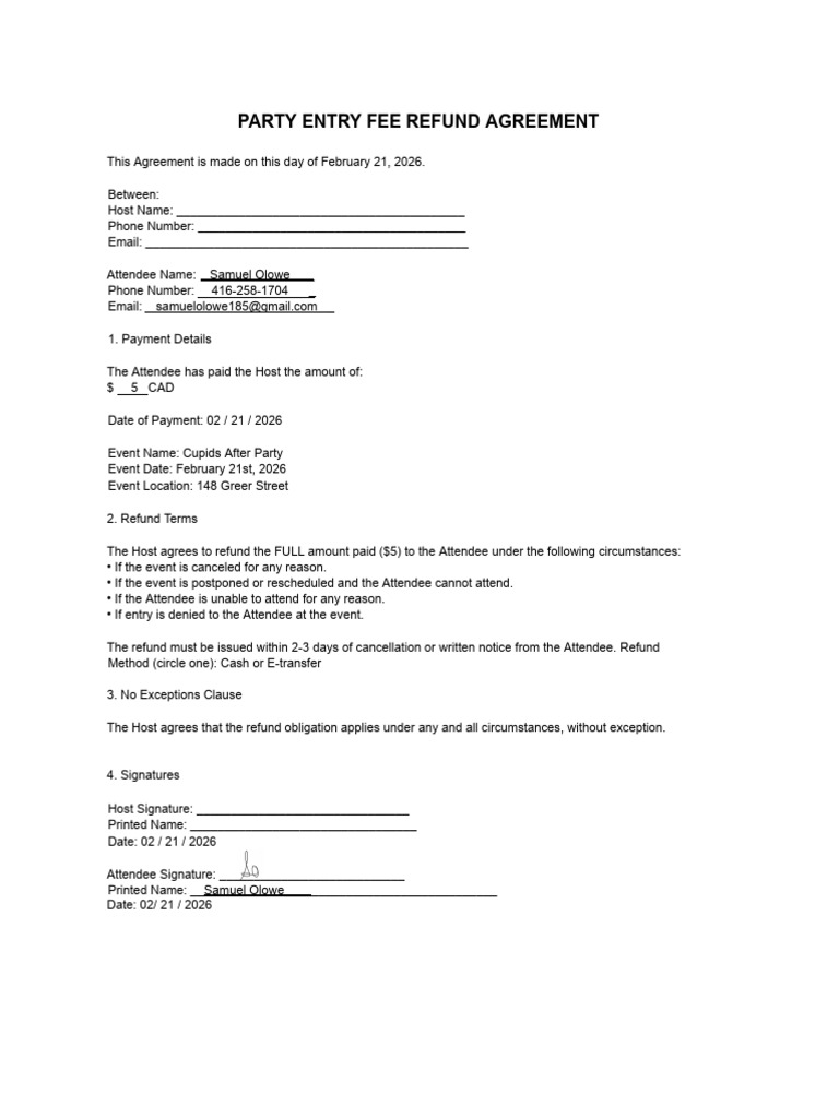 Party Entry Fee Refund Agreement (2) | PDF