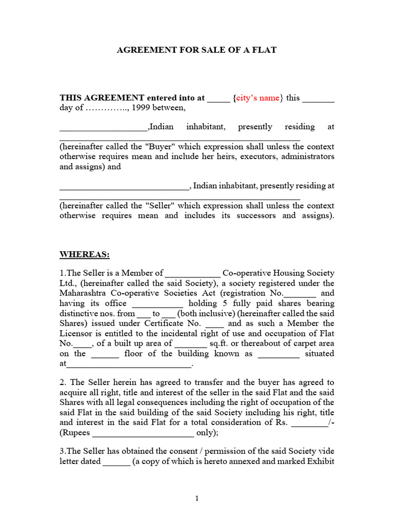 Agreement For Sale-Draft | PDF | Deed | Covenant (Law)