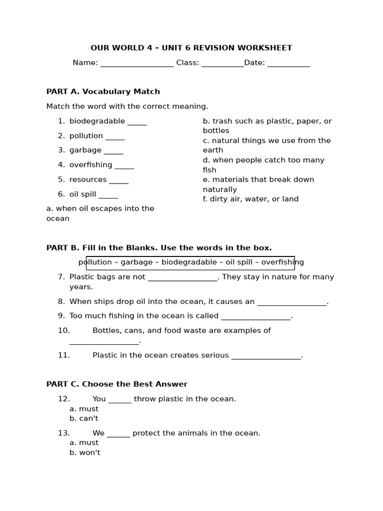 OUR WORLD 4 - Unit 6 - Revision Worksheet | PDF | Fish | Waste