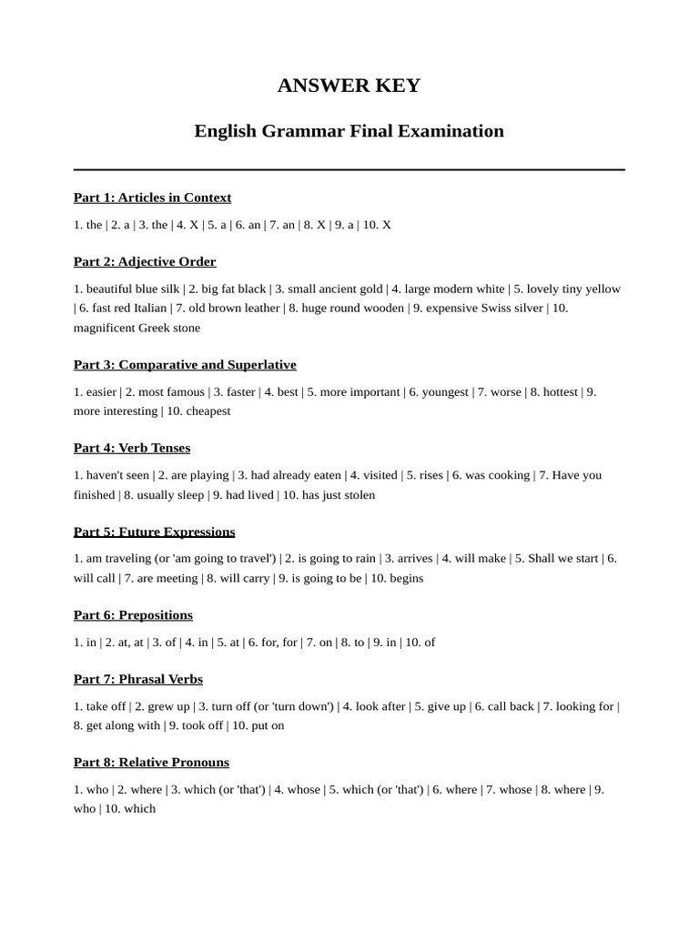 English Grammar Exam Answer Key | PDF