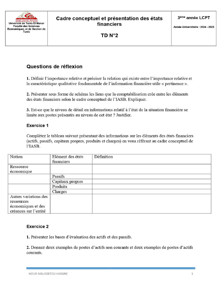 TD N2 Cadre Conceptuel Et Présentation Des États Financiers | PDF