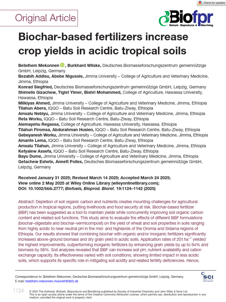 Biofuels Bioprod Bioref - 2025 - Mekonnen - Biochar‐Based Fertilizers ...