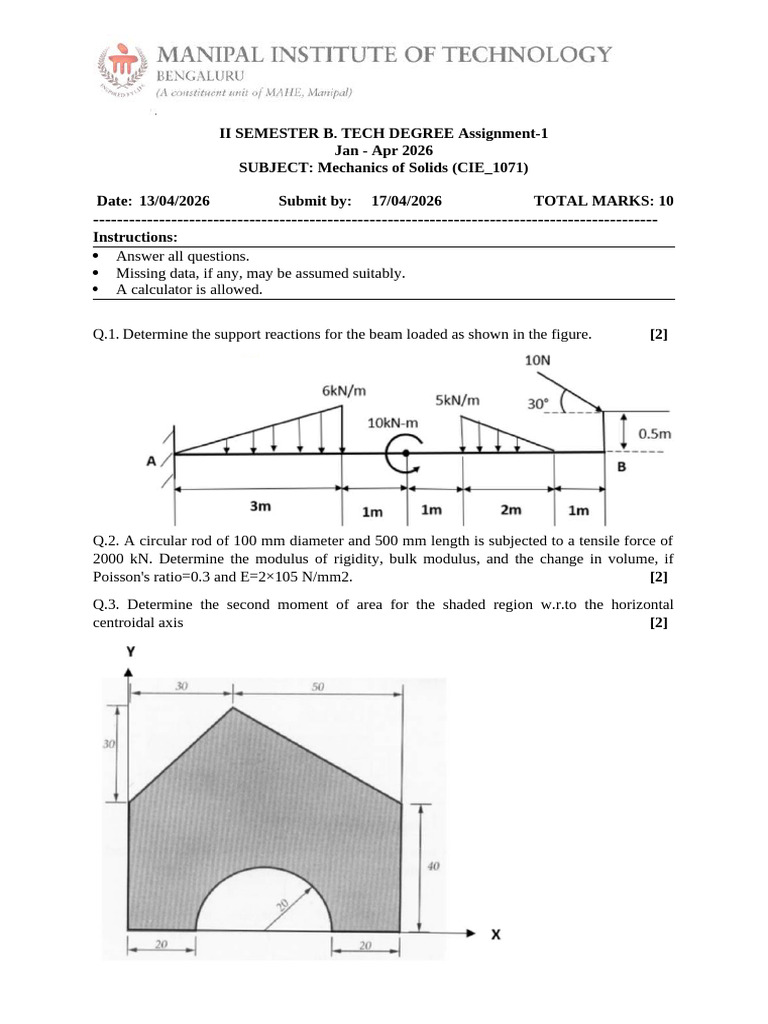 Assignment - Mechanics of Solids - CIE 107 - II Sem | PDF