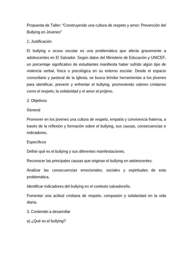 Propuesta de Taller “Construyendo una cultura de respeto y amor ...