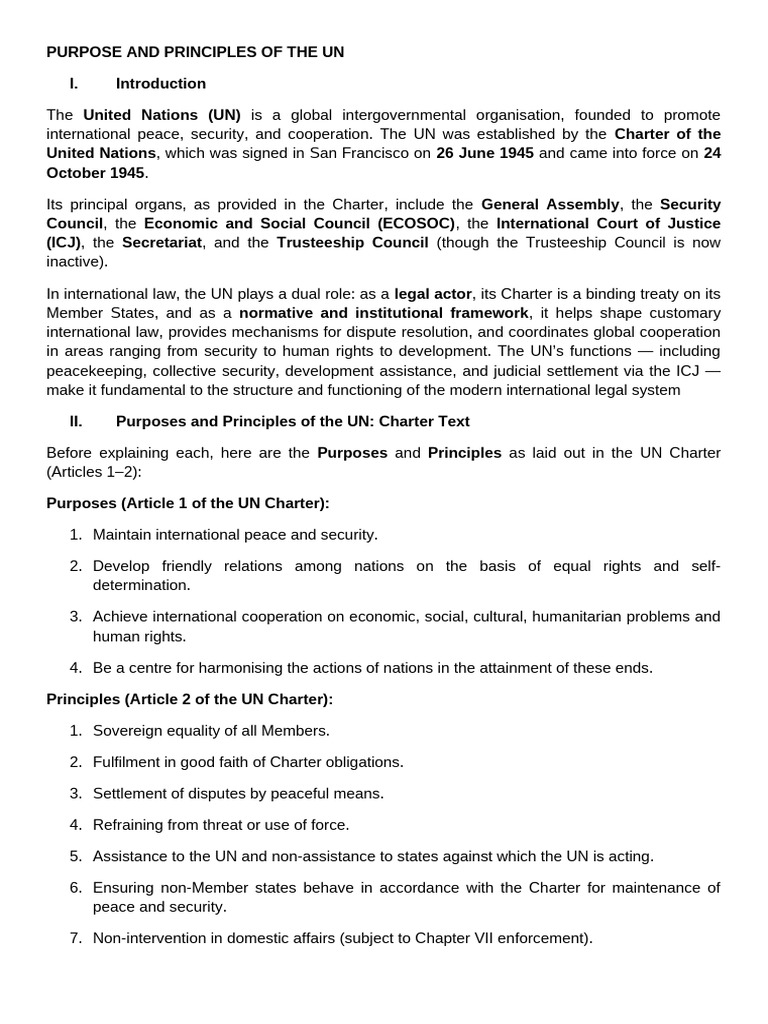 PURPOSE AND PRINCIPLES OF THE UN | PDF | International Law | United Nations
