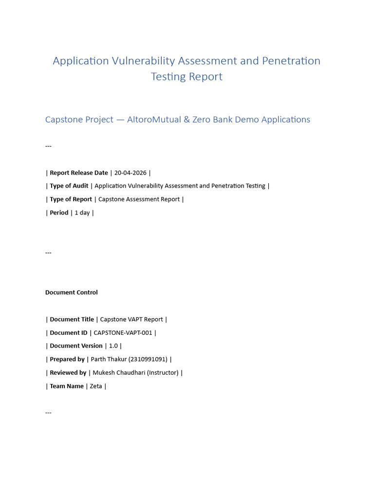 Application Vulnerability Assessment and Penetration Testing Report ...
