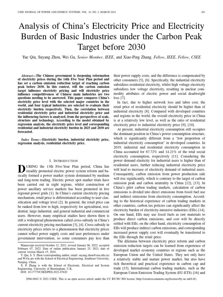 Analysis of Chinas Electricity Price and Electricity Burden of Basic ...