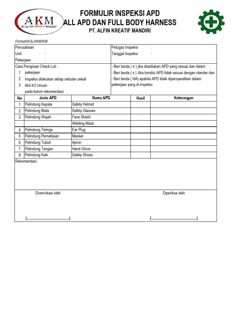 Form Inspeksi APD & Checklist | PDF