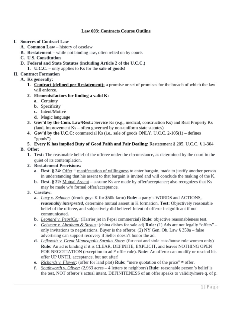 Law 603_Contracts Course Outline excerpt for Prof. Gardner | PDF ...
