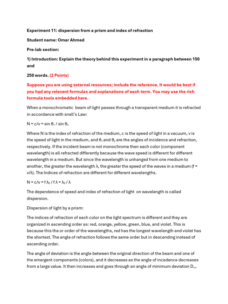 Experiment 11 Prelab (2) (1) | PDF | Refraction | Refractive Index