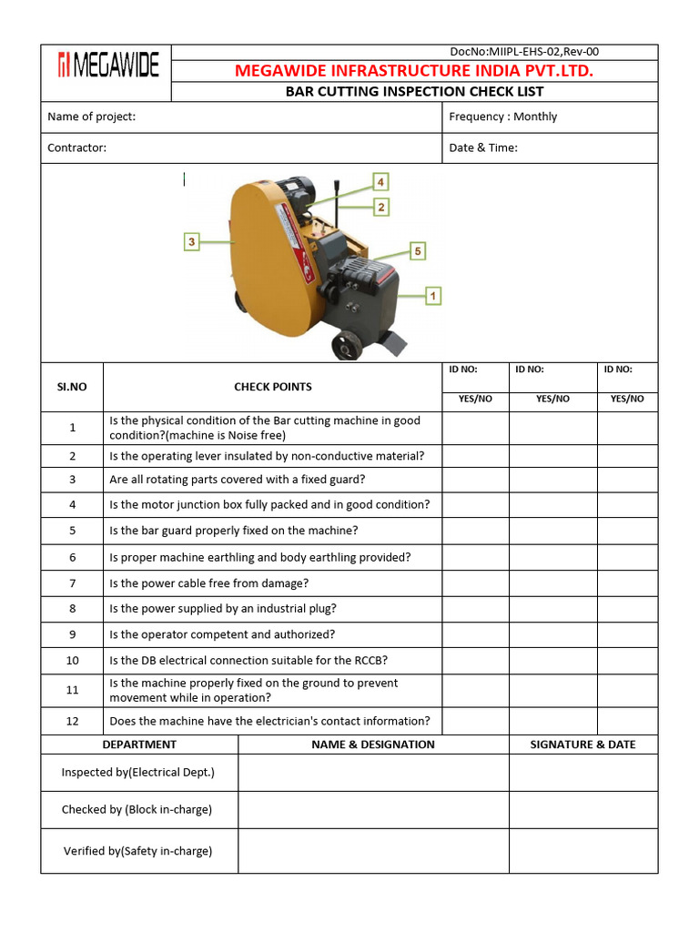 2.Bar Cutting Machine Inspection Checklist - Copy | PDF