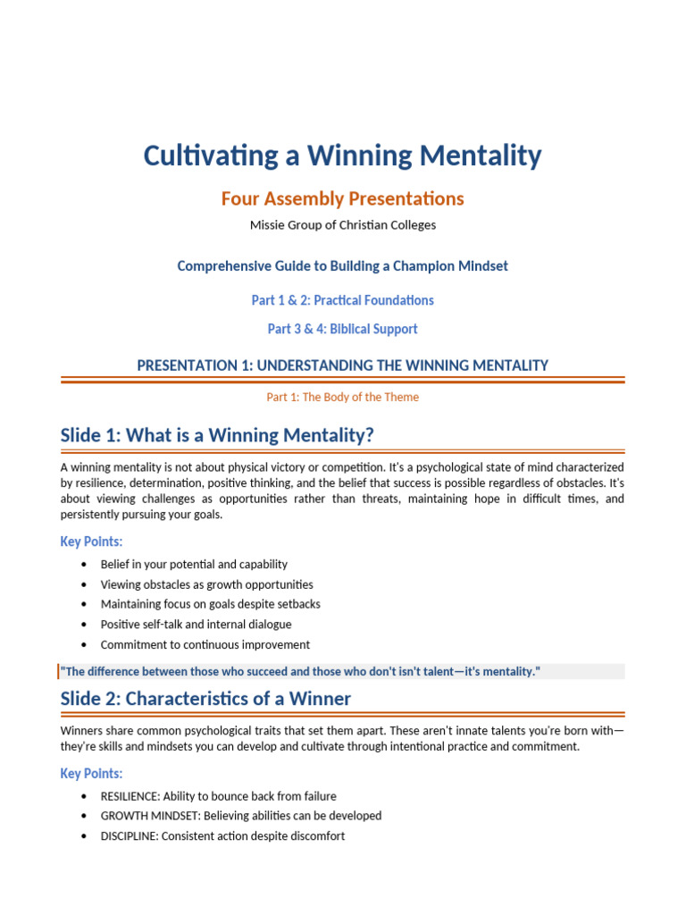 Winning Mentality All 4 Presentations Compiled | PDF | Mindset | Faith