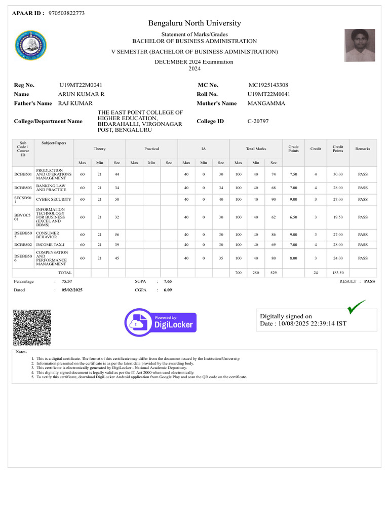 5 Th Sem Marksheet | PDF