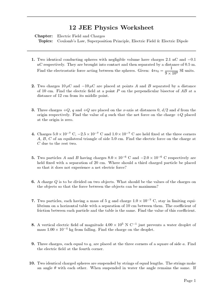 12th JEE Physics Worksheet - Coulomb's Law, Superposition Principle ...