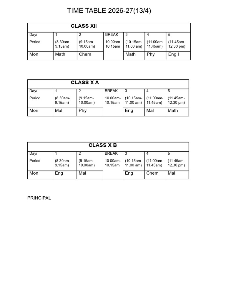 time table 2026-27 - 13-4 | PDF