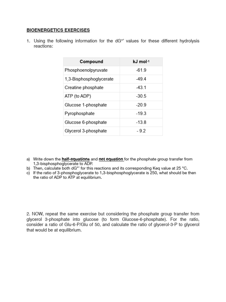 Bioenergetics Exercises - 2 | PDF