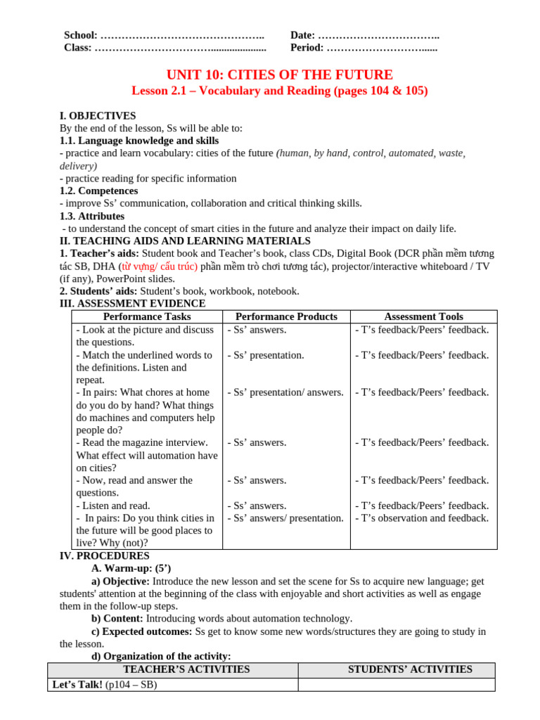 Unit 10 - Lesson 2.1 - Vocab and Reading - Pages 104 & 105 | PDF ...