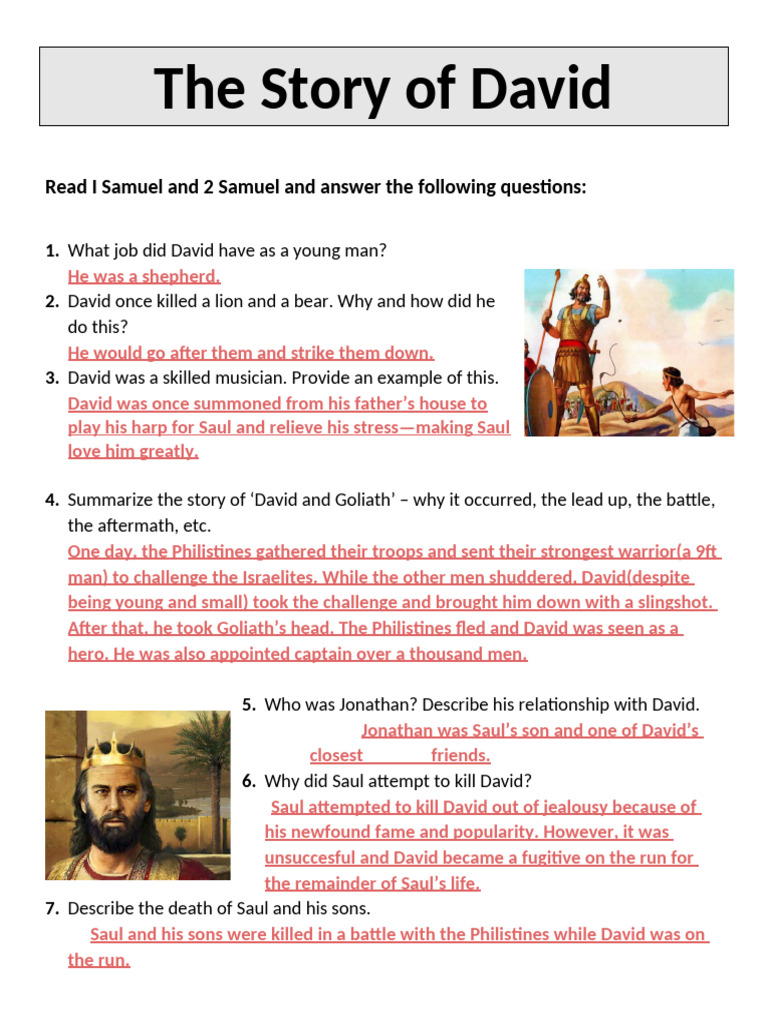 Copy of the Story of David - Unit 2 - Questions | PDF | David | Saul