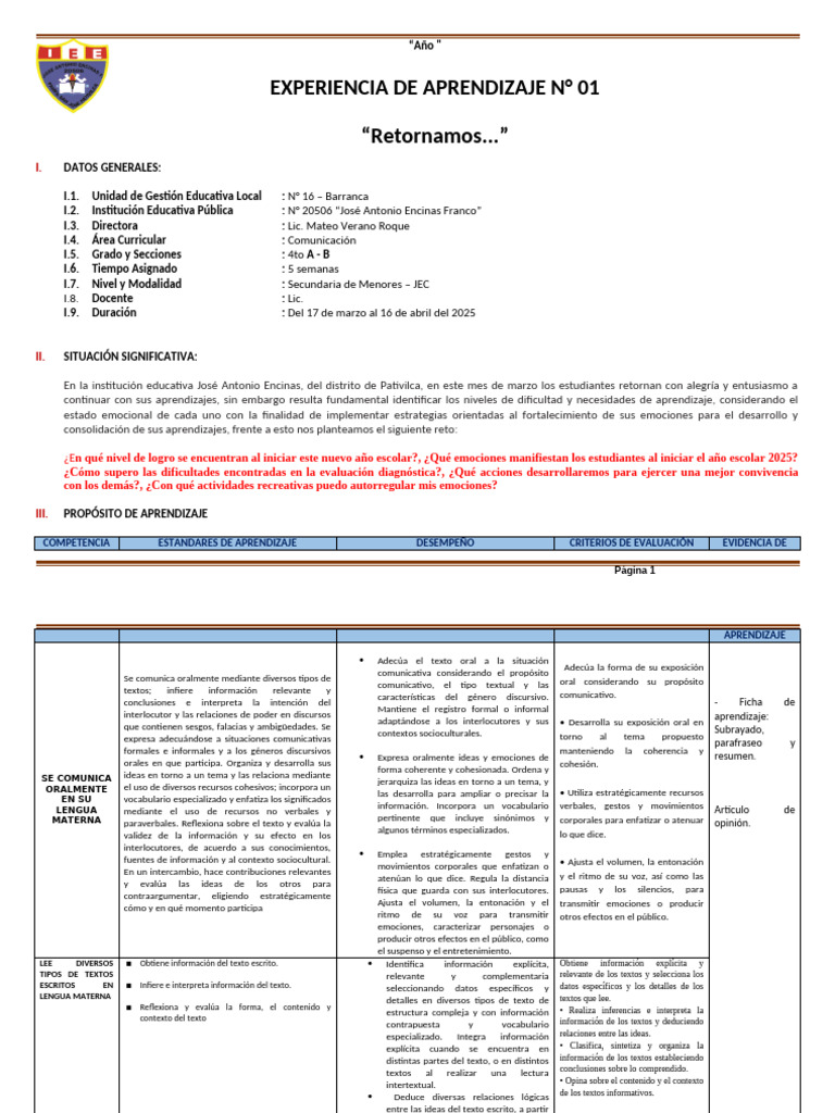 UNIDAD DE APRENDIZAJE 01- 26 | PDF | Aprendizaje | Las emociones