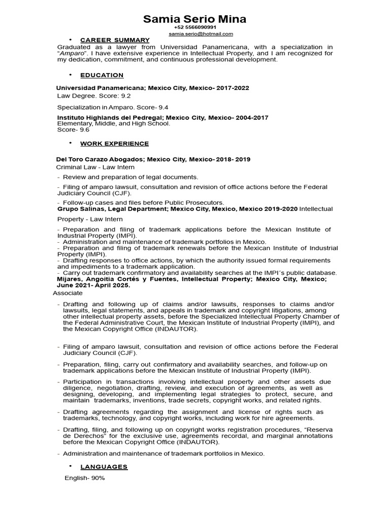 Samia Serio Mina- CV 2025 | PDF | Ley de Propiedad Intelectual | Justicia