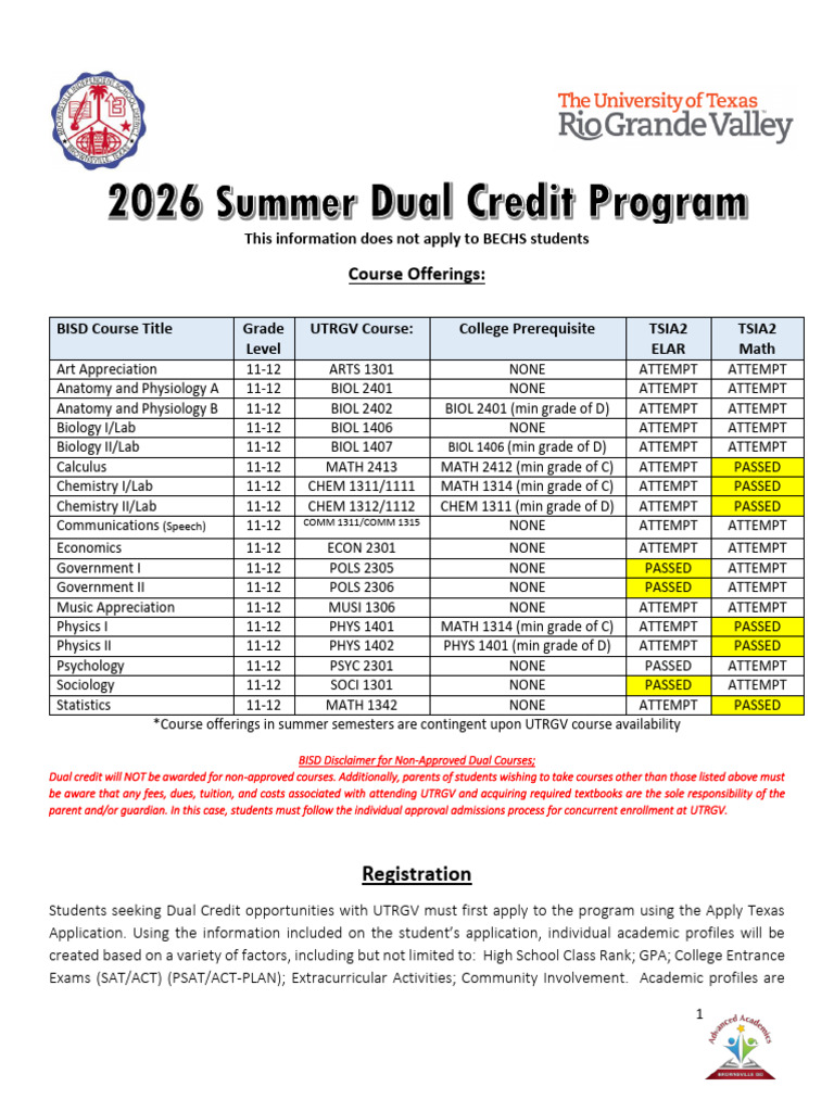 UTRGV 2026 Summer Dual Credit Program | PDF | University And College ...
