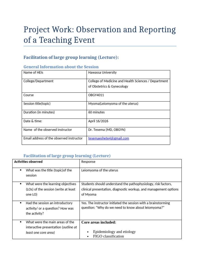 Project Work Observation and Reporting of a Teaching Event by Misganaw ...