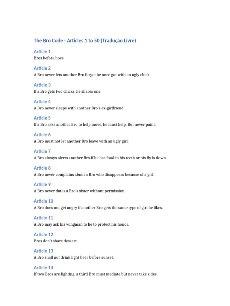 The Bro Code Articles 1 to 50 | PDF | Masculinity | Stereotypes