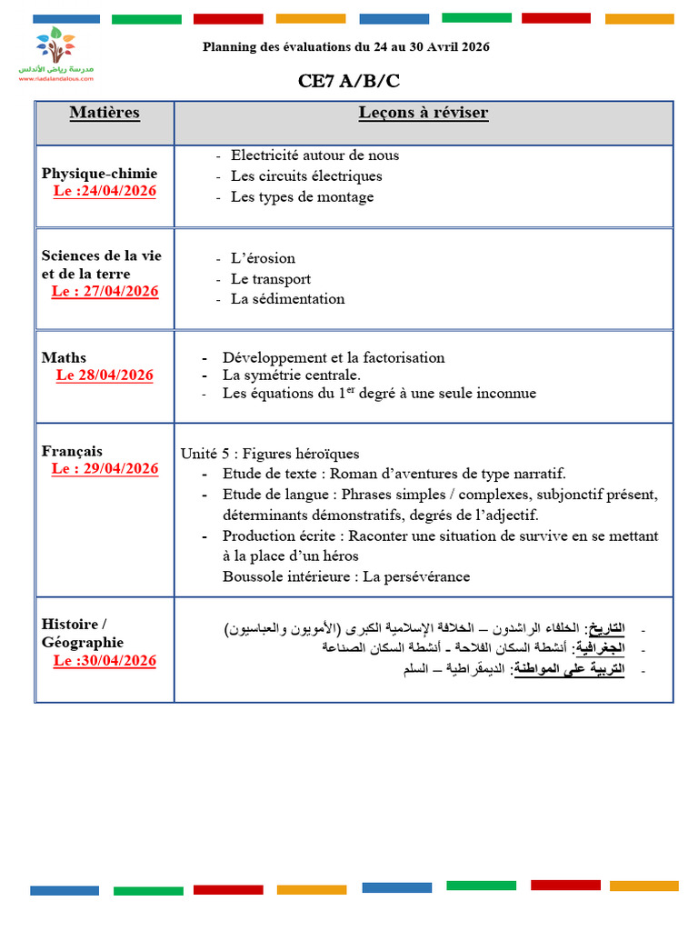Calendrier Des Contrôles Ce7 D' Avril 2 | PDF