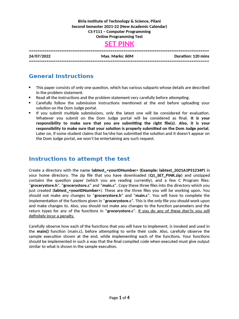 Question Paper - Set PINK | PDF | Parameter (Computer Programming ...