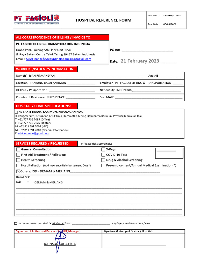 Hospital Reference Form - RIAN FIRMANSYAH - 21 Feb 2023 | PDF | Social ...