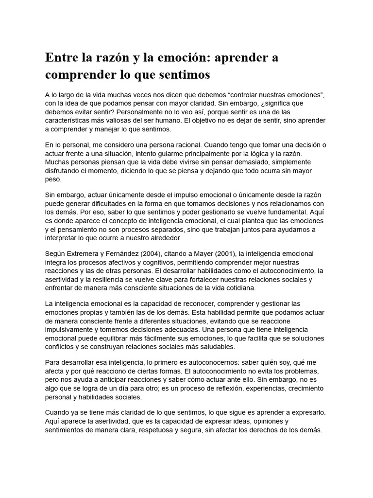 Ensayo- Entre La Razón y La Emoción_ Aprender a Comprender Lo Que ...